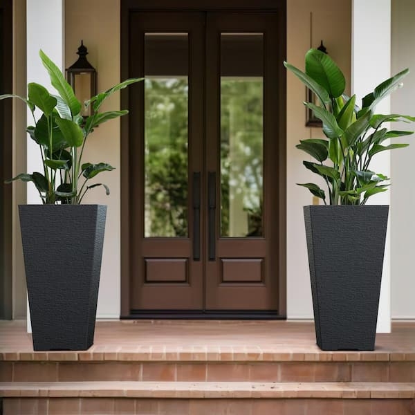 Planter Set Tall Square Charcoal, Stone Like Texture Pots