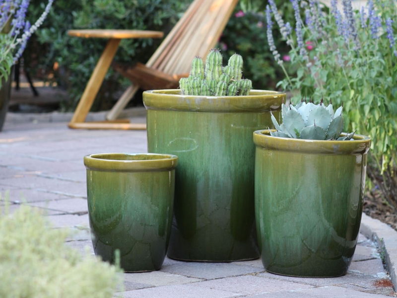 Planter Set: Tall Tapered Pots with Vertical Ribbing in Moss Green