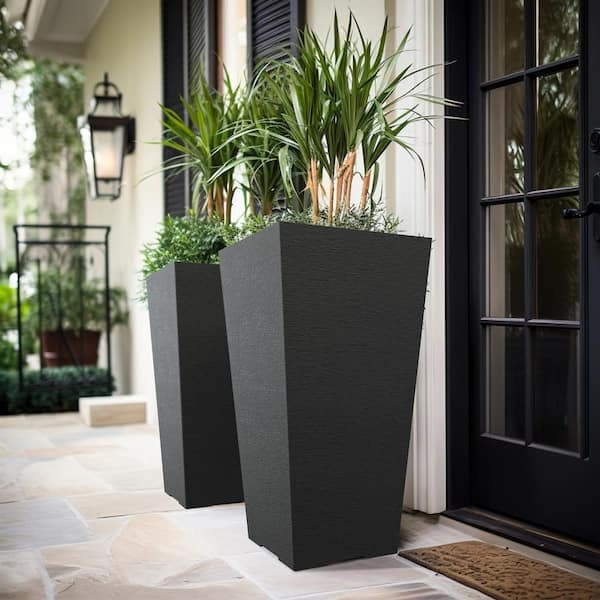 Planter Set Tall Tapered Square, Charcoal Ribbed Texture
