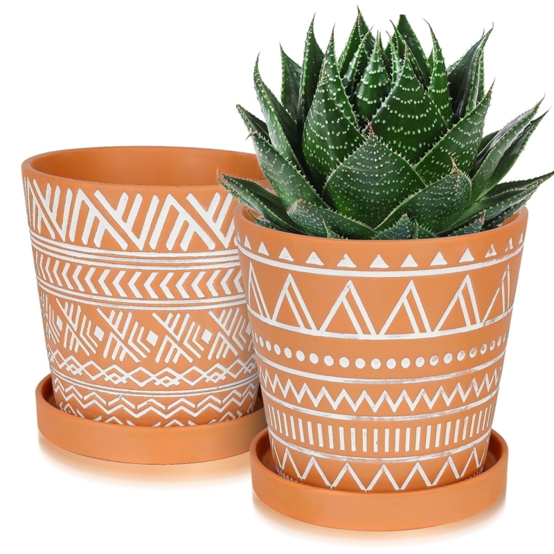 Planter Set Terracotta Pots with Geometric Pattern and Matching Saucers
