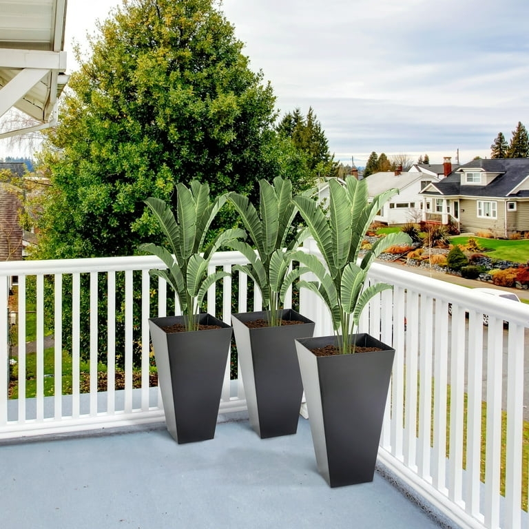 Planter Set Tiered Rectangular, Horizontal Ribbing Black