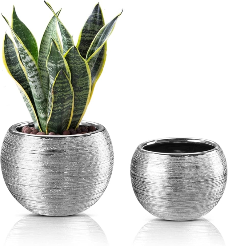 Planter Set Two Piece Nested Cylindrical Reflective Silver Finish