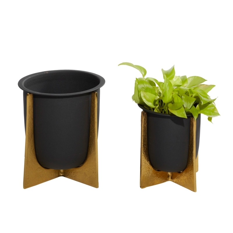 Planter Set Two Tone Black and Gold Cylindrical on Tripod Base