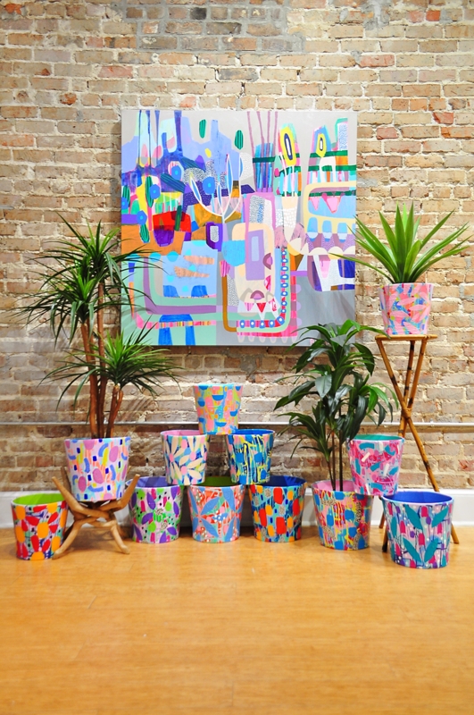 Planter Set White Multicolor Hand Painted Abstract Brushstroke Texture