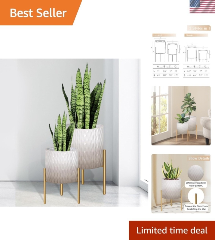 Planter Set, White Ribbed Pots with Adjustable Gold Stands, Mid-Century