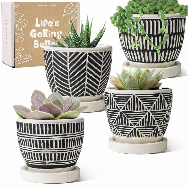 Planter Set with Assorted Tribal Patterns, Monochrome Geometric Plant Pots