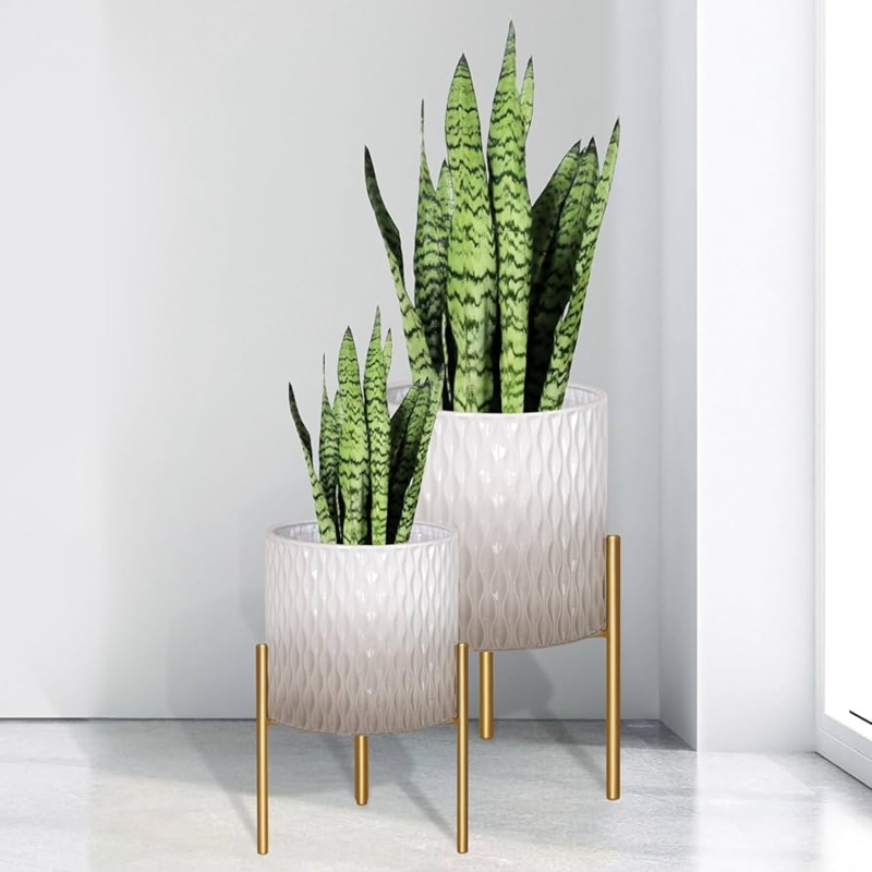 Planter Set with Gold Tripod Legs and Vertical Ribbed Texture