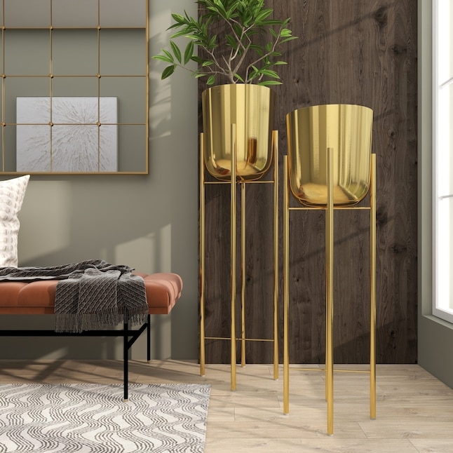 Planter Set with Metallic Gold Finish on Tall Slender Cross-Base Stands