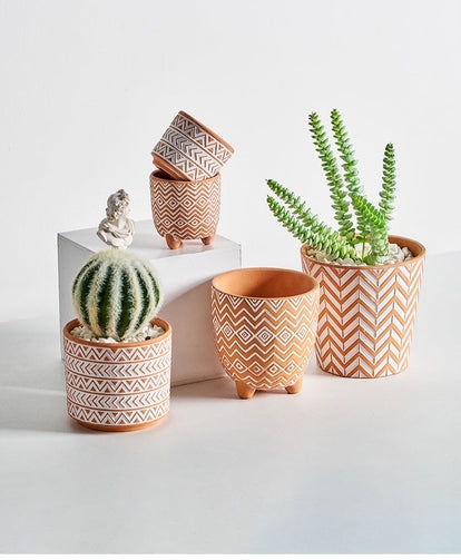 Planter Set with Mixed Textures in Earth Tones, Boho Terracotta Pots
