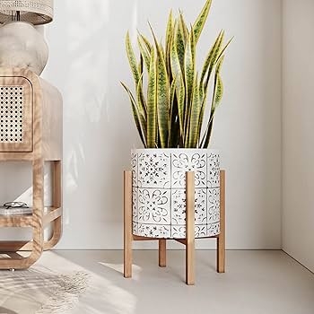 Planter Set with Staggered Heights and Tribal Print on Tripod Wood Stands