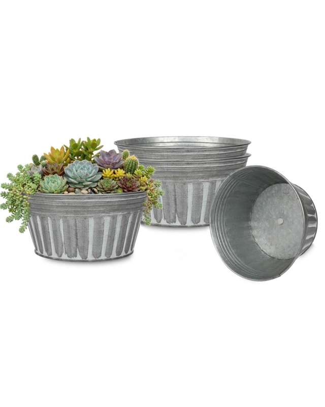 Planter Shallow Basin Low Profile Galvanized Ribbed Texture Farmhouse