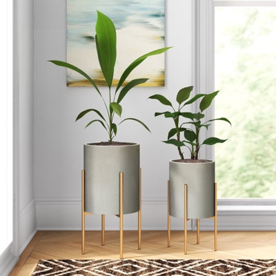Planter Staggered Set Gold Metal Brushed Finish Mid Century Modern Tripod