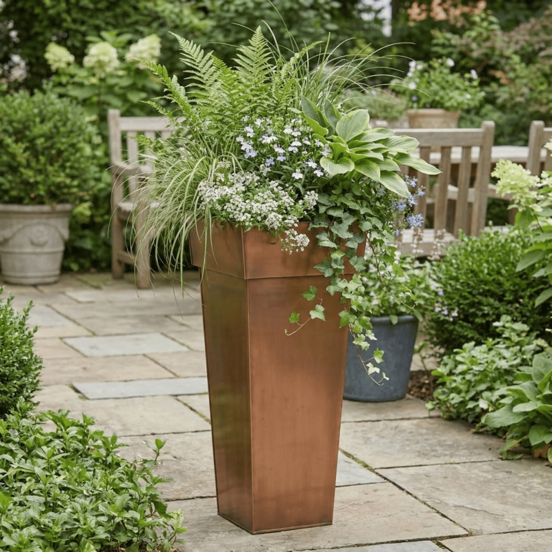 Planter Tall Square Antique Copper Finish Metal Entryway Decor