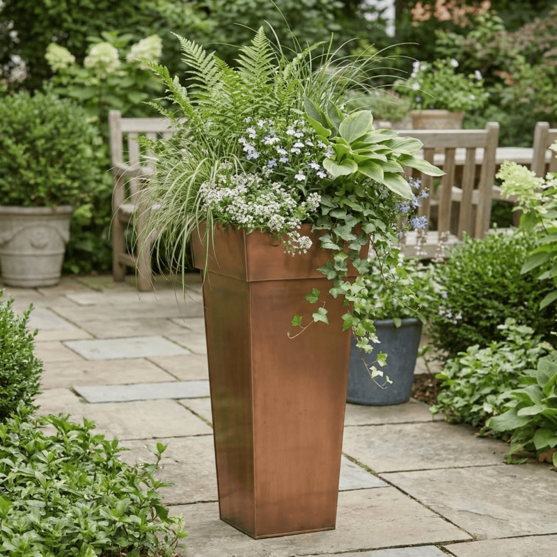 Planter Tall Tapered Square Antique Copper Finish Brushed Metal