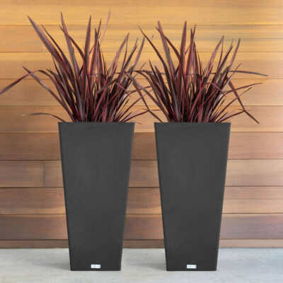 Planter Tall Tapered Square Pair in Matte Black Finish