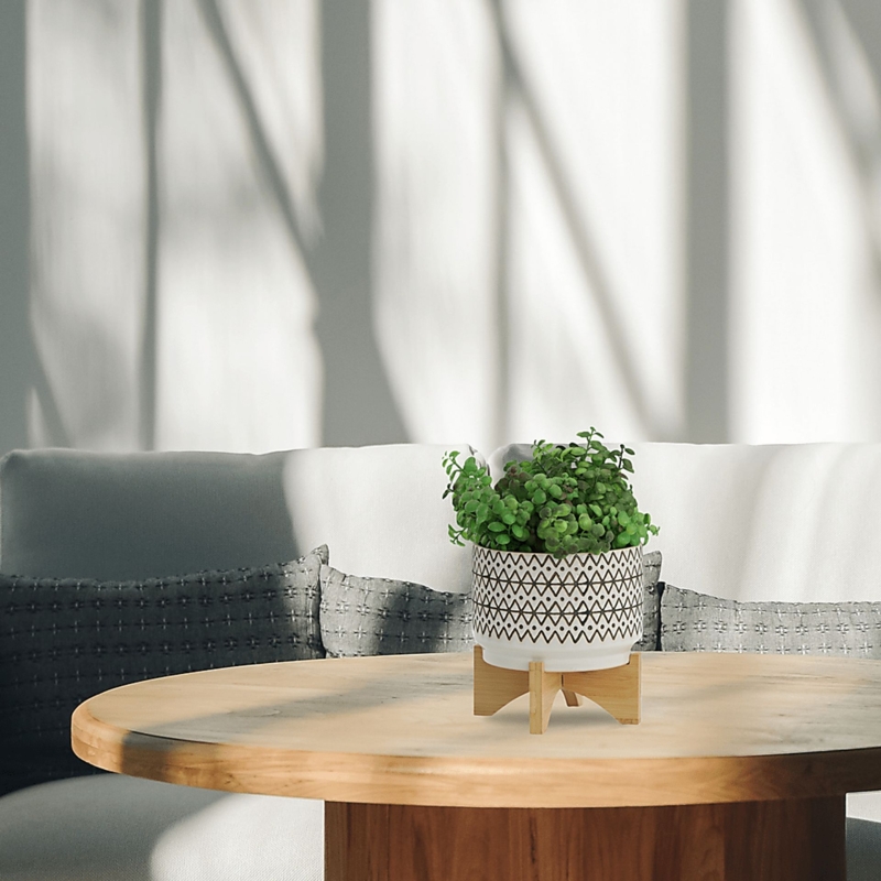 Planter Tapered Wood Leg Plant Stand Stippled Texture Organic Ceramic