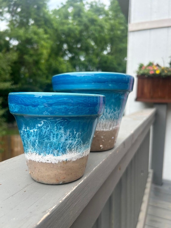 Planter Terracotta Rim Real Sand Texture Resin Wave Art