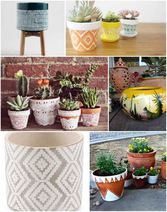 Planter Trio with Hand Painted Patterns in Black and White, Terracotta Decor