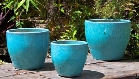 Planter, Turquoise Ceramic Lily Relief Pattern Distressed Aqua Pot