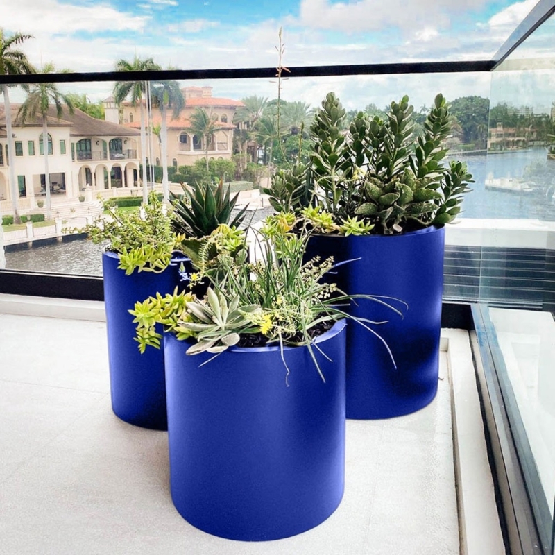 Planter Vibrant Blue Fiberglass Cylinder Set Modern