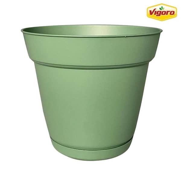 Planter with Ribbed Exterior and Attached Saucer in Matte Sage Green