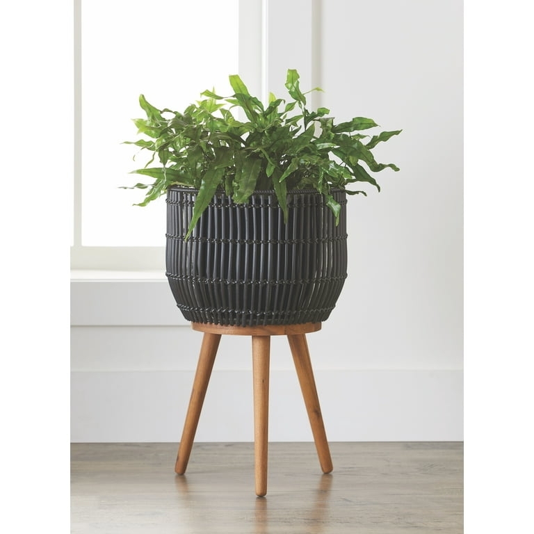 Planter With Stand featuring Black Resin Pot and Natural Wood Legs