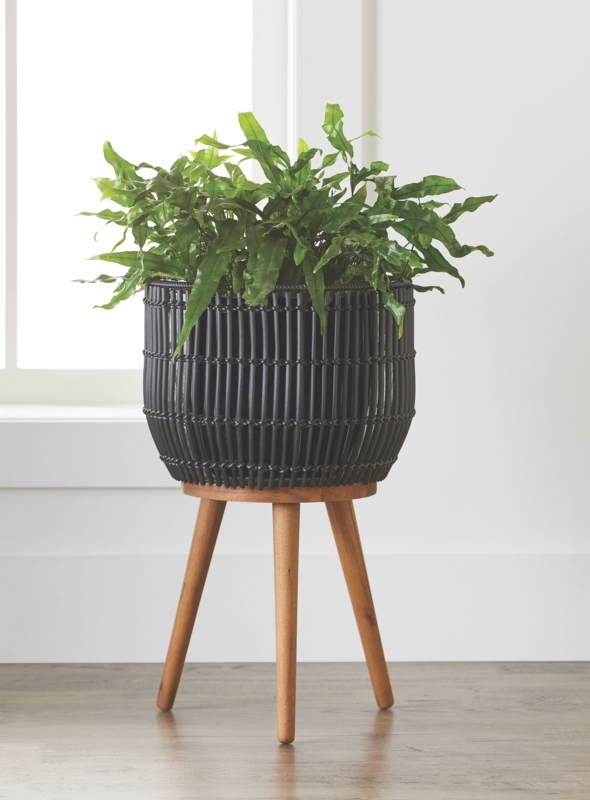 Planter with Stand Round Matte Black, Wood Tripod Legs
