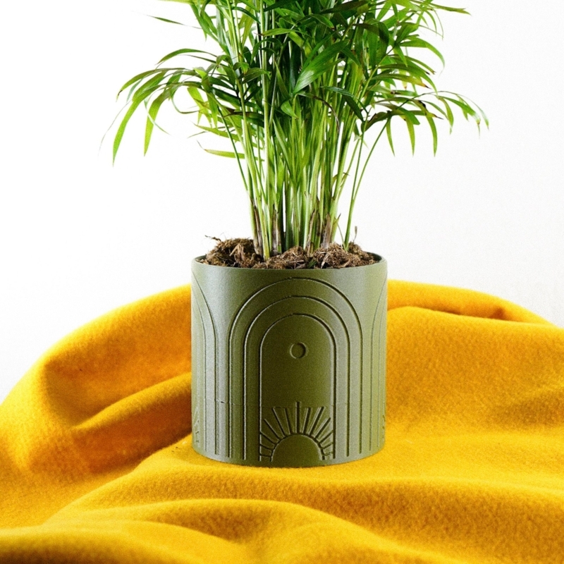 Planter with Sunburst Pattern in Matte Black, Minimalist Celestial Desk Decor