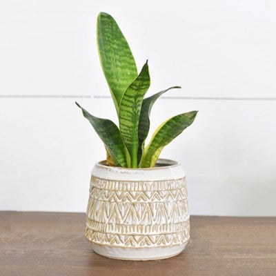Planter with Tripod Wood Feet, Geometric Tribal Pattern, Footed Ceramic Pot