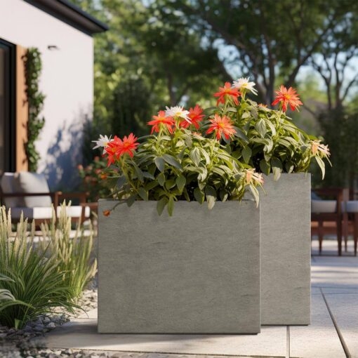Planters Tall Gray Concrete Plant Pots Elongated Square Set Matte