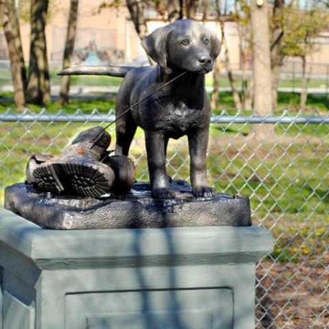 Playful Garden Statue Labrador Puppy With Shoe Detail Bronze Toned