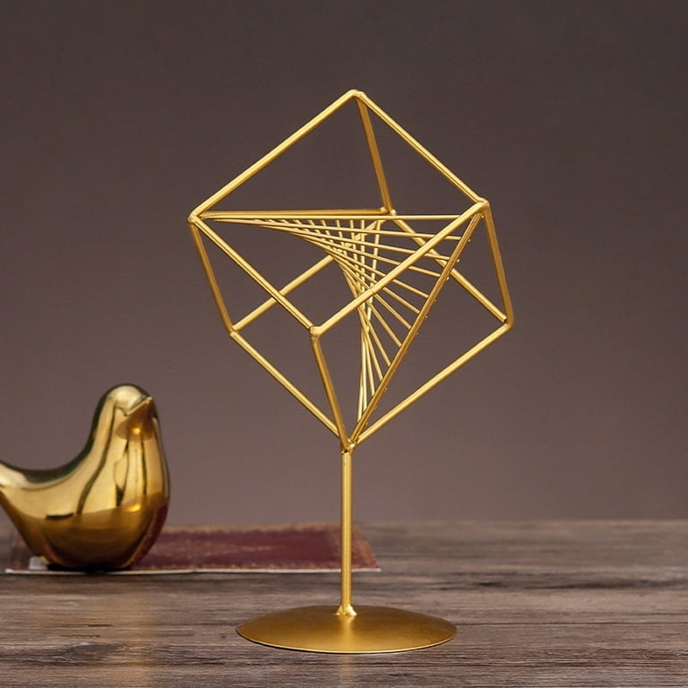 Polished Gold Geometric Sculpture Wire Construction Minimalist Modern Decor