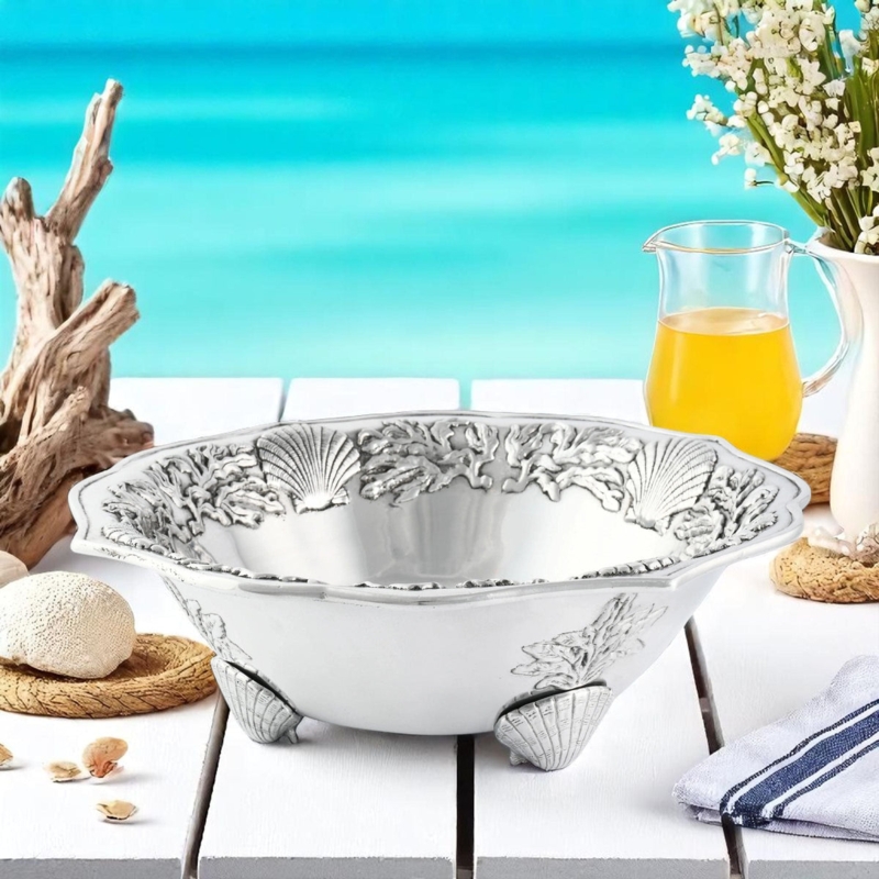Polished Metal Salad Bowl Set with Sculptural Kelp Rim