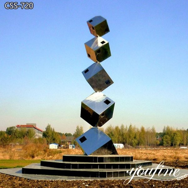 Polished Silver Sculpture Interconnected Hollow Cubes Garden Statue Decor