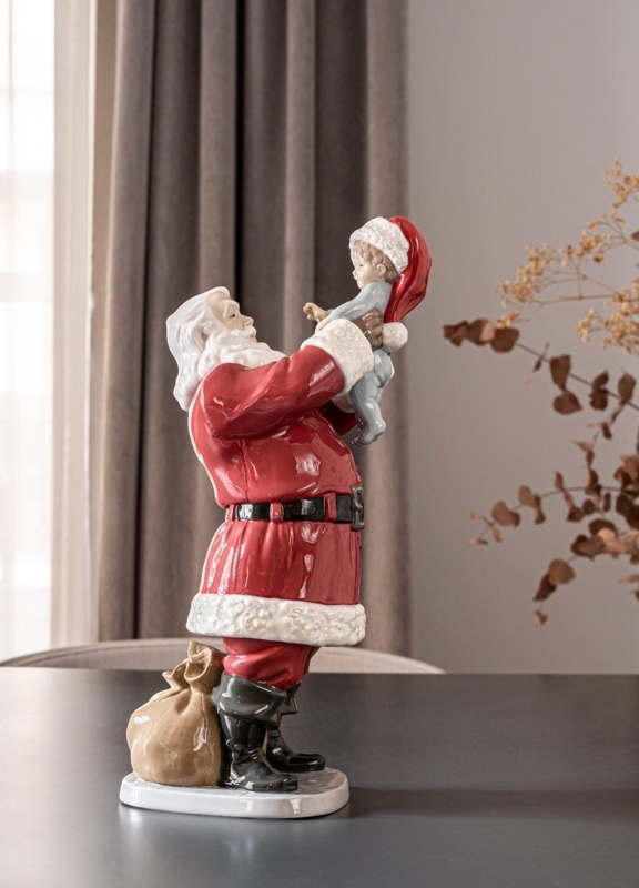 Porcelain Figurine, Glossy Red Glaze, Miniature Tree, Classic Santa