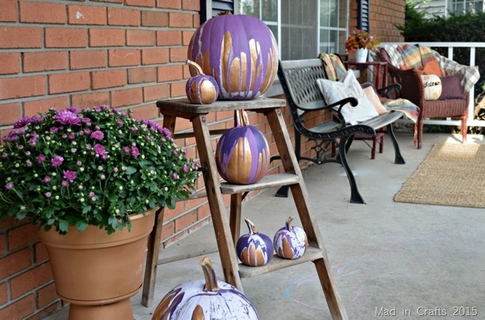 Porch Decor Fall Purple Mums Metallic Bronze Pumpkins Rustic