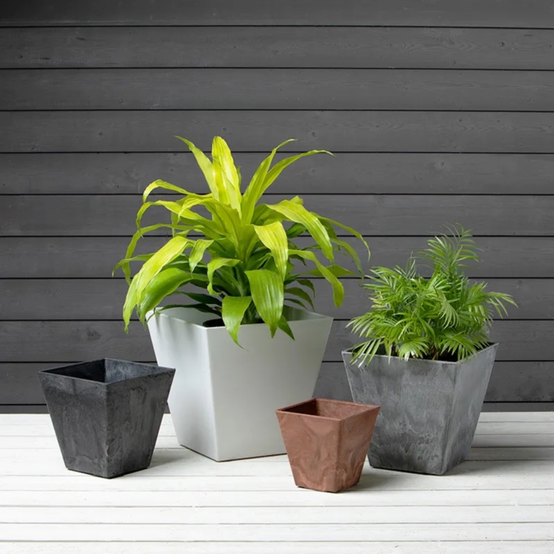Pot Planter, Marbled Texture, Tapered Square Form, Modern Charcoal