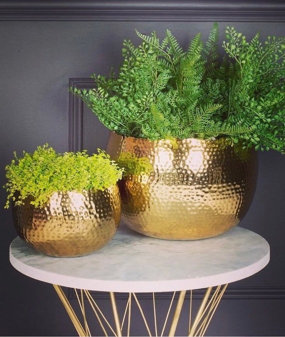 Pot Planter Set Hammered Brass Finish Graduated Sizes