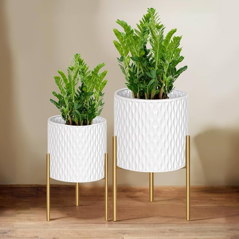 Pot Planter White Cylindrical Gold Metal Stands Mid Century Modern