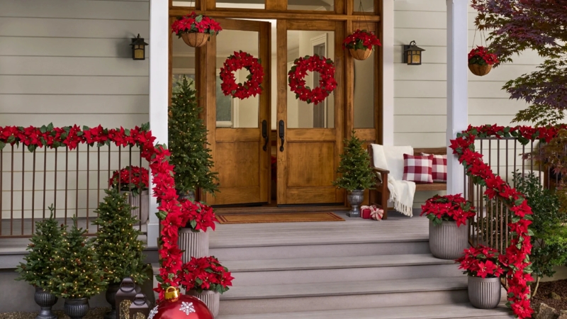 Pre-lit Christmas Porch Decor with Symmetrical Red Poinsettia Accents