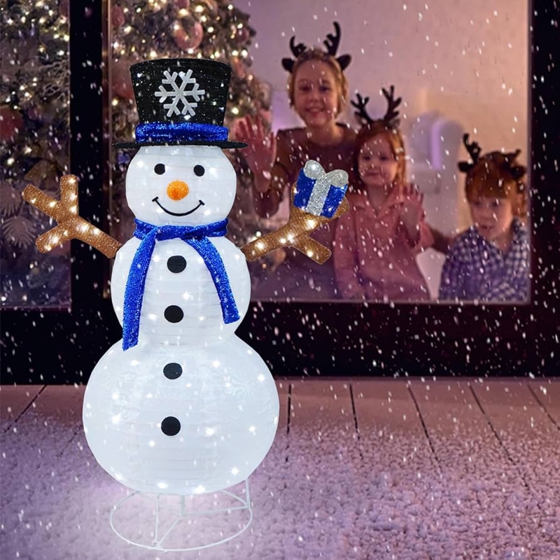 Pre-Lit Snowman Holding Gift Box, Blue Scarf Collapsible Decor