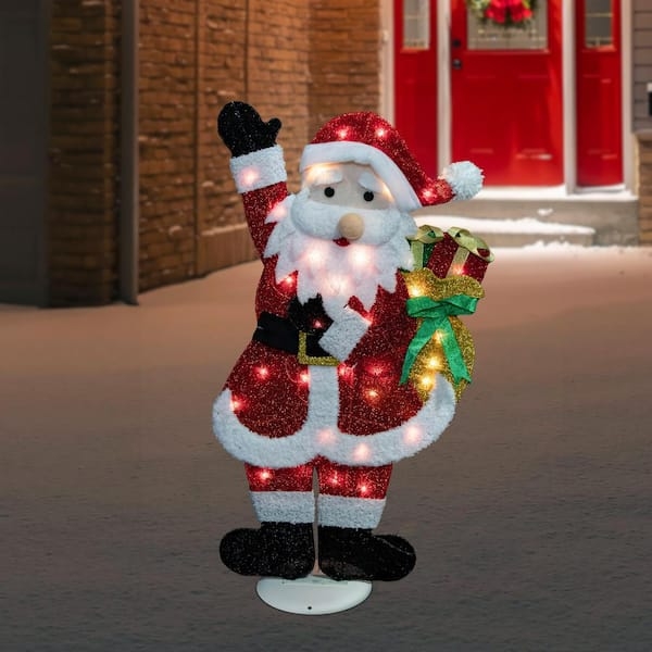 Pre-Lit Waving Santa Figure with Sparkling Tinsel Texture