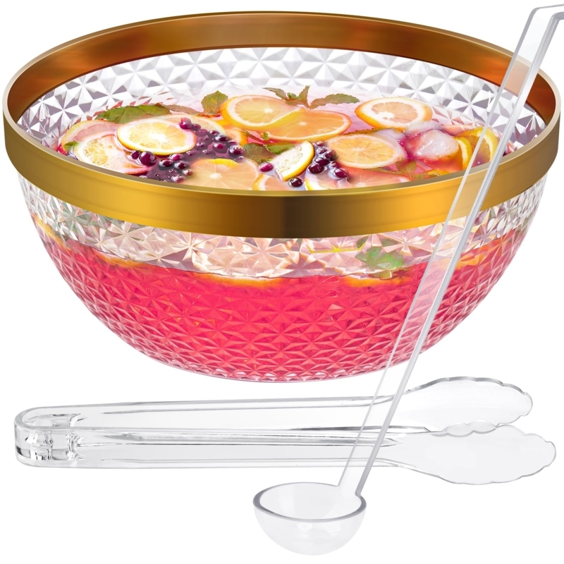Punch Bowl Diamond Faceted Texture Gold Scalloped Rim Clear Set