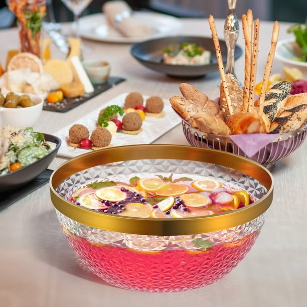Punch Bowl Ribbed Surface Gold Rim Clear Plastic Serving Set
