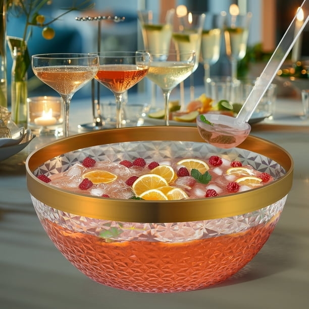 Punch Bowl Tapered Sides Gold Rim Clear Plastic Includes Ladle Tongs