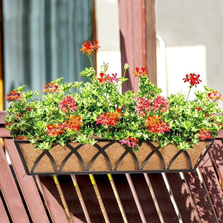 Railing Planter, Black Metal X-Frame with Coco Liner, Balcony Gardening