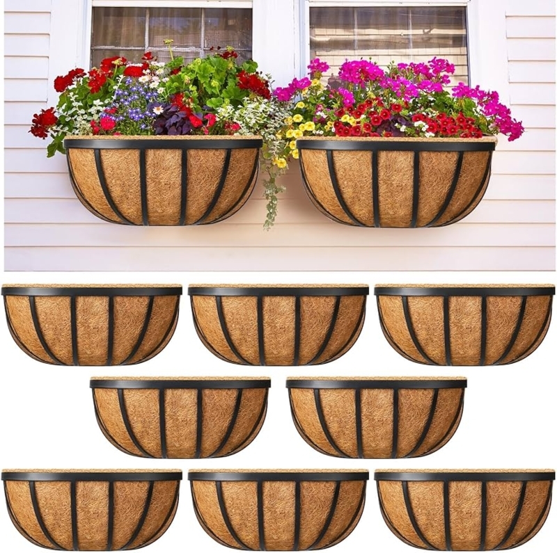 Railing Planter Coconut Liner Black Metal Wire Traditional Balcony Ideas