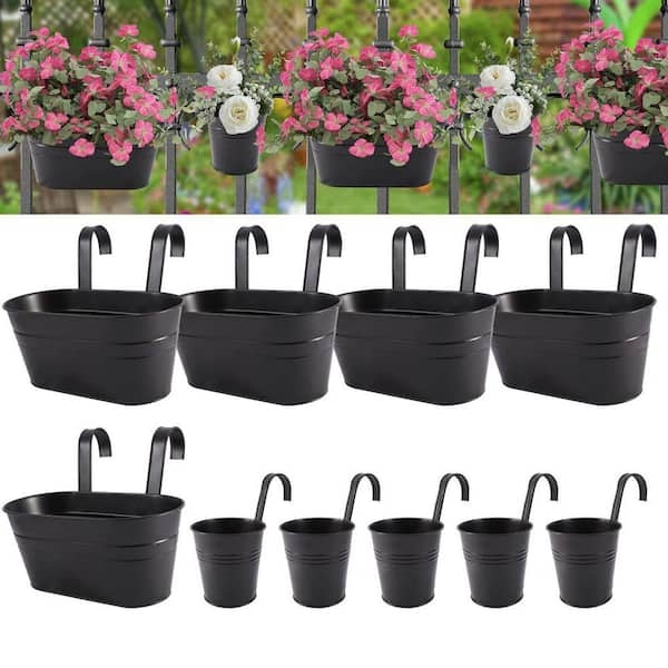 Railing Planter, Matte Black Metal Bucket Style with Integrated Hooks