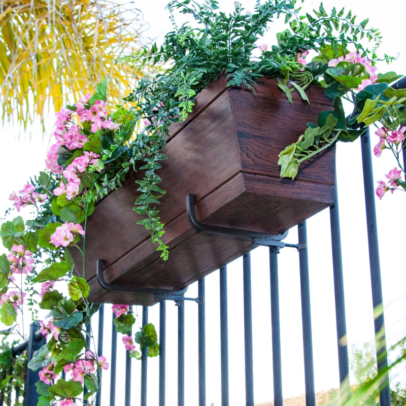 Railing Planter Wood and Metal Contrast Black Brackets Deck