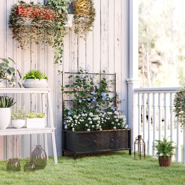 Raised Bed with Trellis Black Metal Planter Box